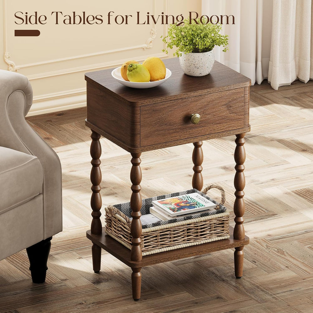 Yoobure Small Side Table with Drawer - Walnut Night Stand with Wood Legs