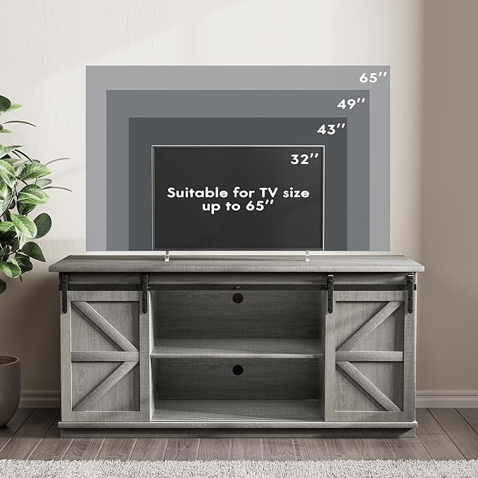 JUMMICO TV Stand for 65 Inch TV, Entertainment Center with Storage Cabinets and Sliding Barn Doors, Mid Century Modern Media TV Console Table for Living Room Bedroom (Pale Gray)
