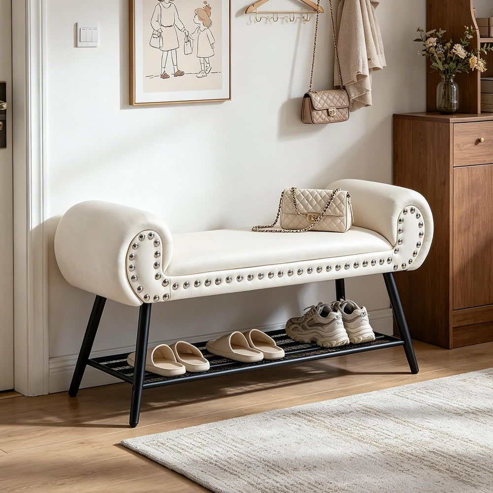 45" Entryway Bench with Shoe Storage，Modern Bedroom Velvet Fabric Uphols...