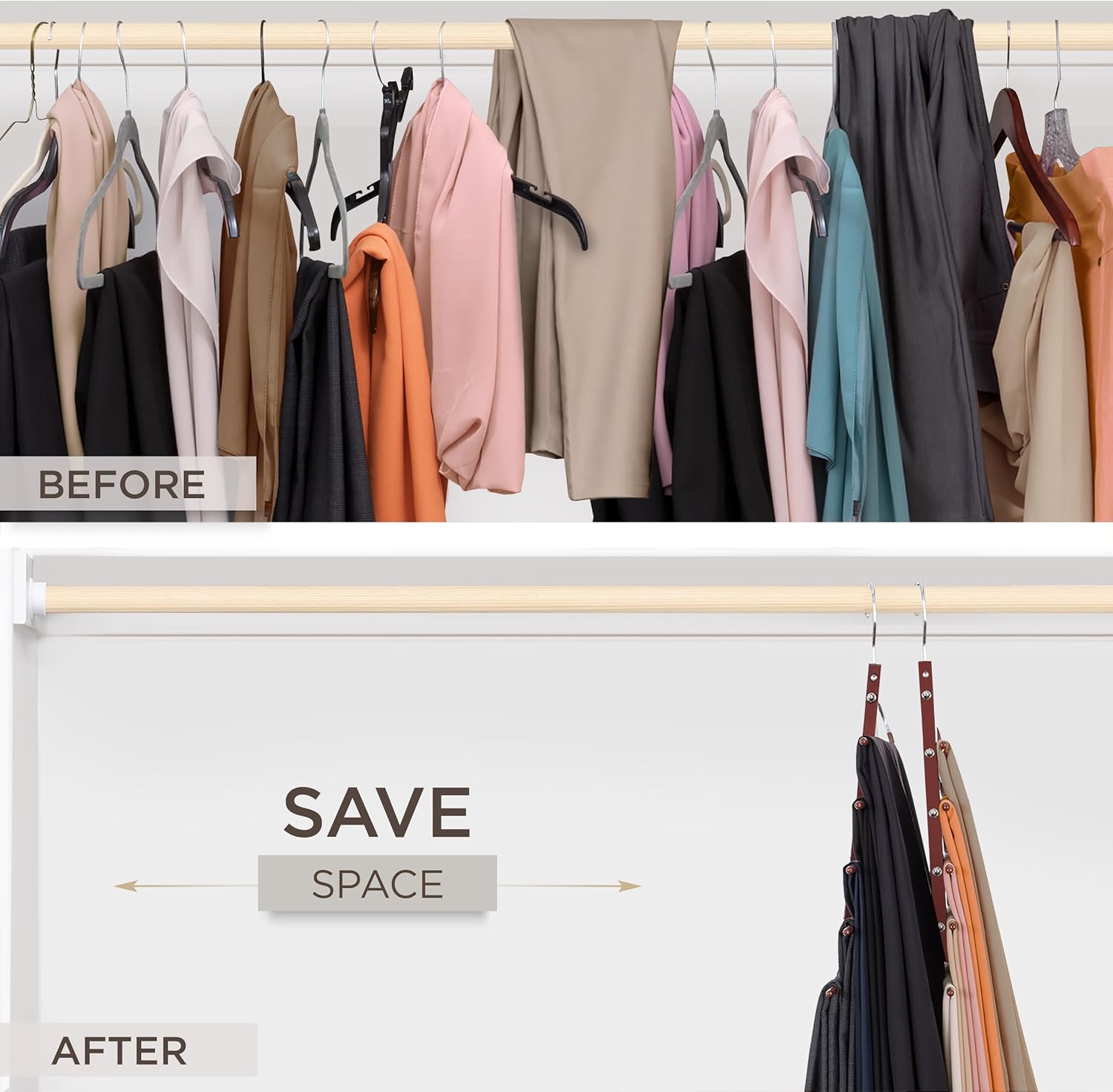 MORALVE Pants Hangers Space Saving - 2 Pack European Beechwood Scarf and Jean Hangers - Closet Organizer and Space Saver Pant Rack, Leggings Hanger, and Scarf Holder with 360° Swivel Hook