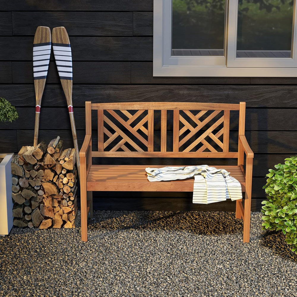 Giantex Outdoor Wooden Garden Bench - 2-Person Acacia Wood Loveseat with Armr...