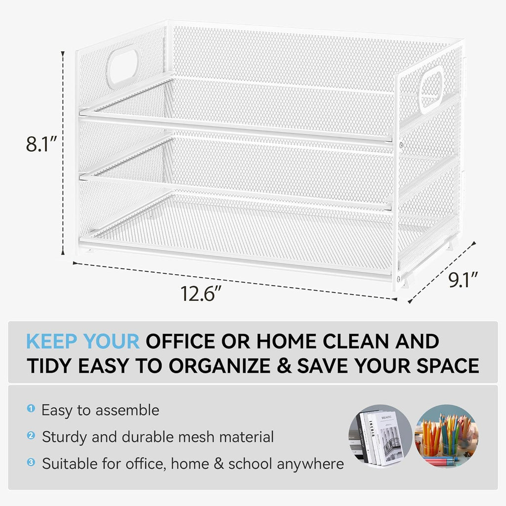 Subekyu 3 Tier Letter Tray Paper Organizer with Handle, 1 PC Sliding Tray, White Metal Mesh Desk File Folder Paper Sorter Organizer for Home Office School Desk Supplies Organization Storage