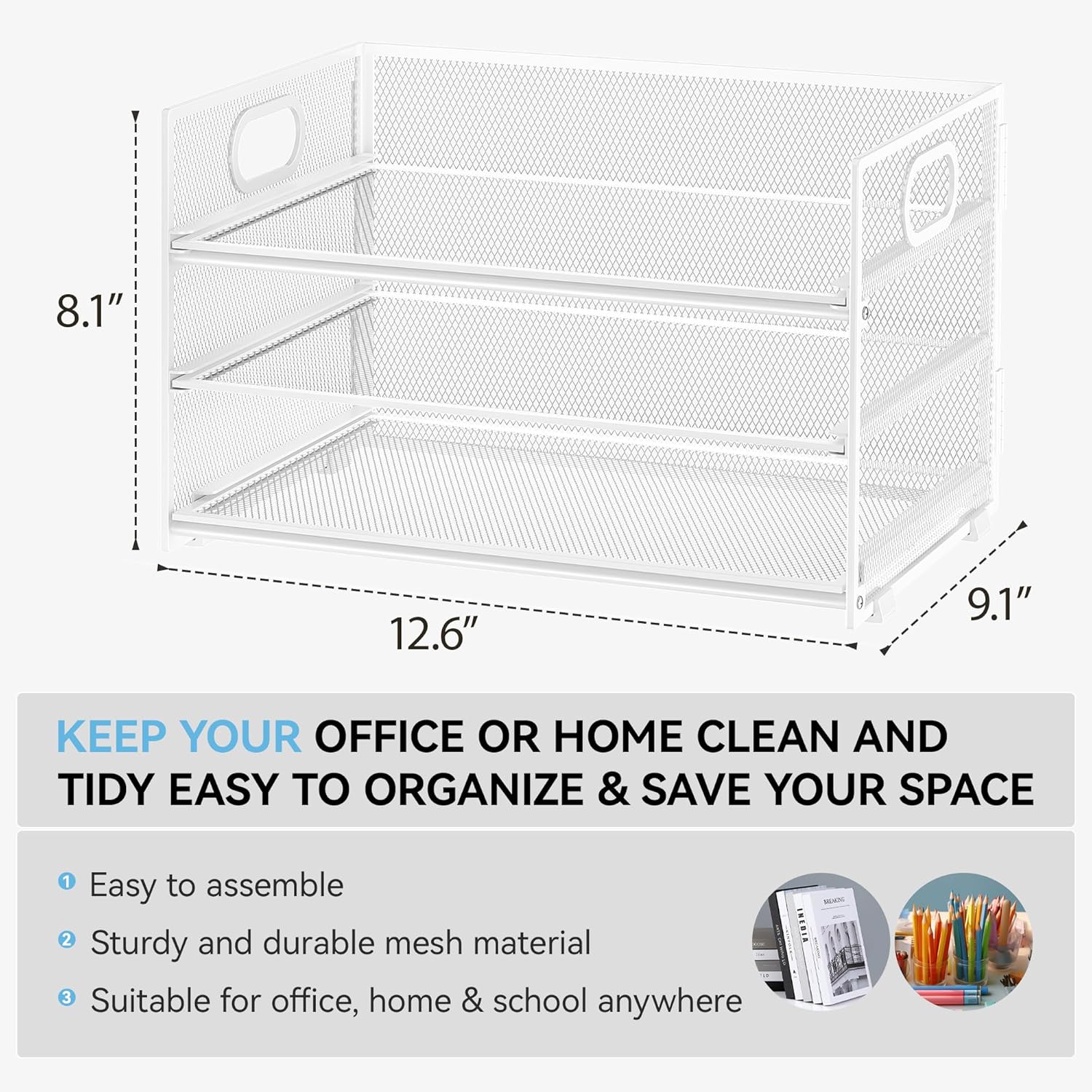Subekyu 3 Tier Letter Tray Paper Organizer with Handle, 1 PC Sliding Tray, White Metal Mesh Desk File Folder Paper Sorter Organizer for Home Office School Desk Supplies Organization Storage