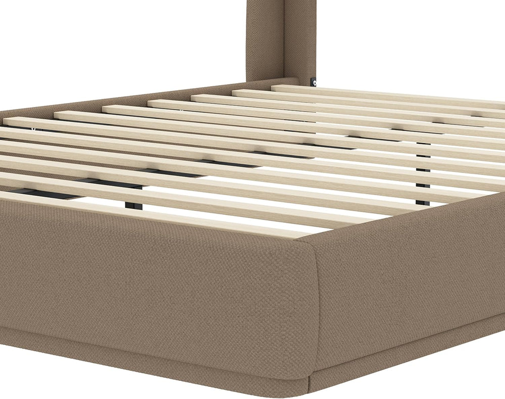Queen Size Wooden Platform Bed, Upholstered Low Profile Linen Fabric Bed Fram...
