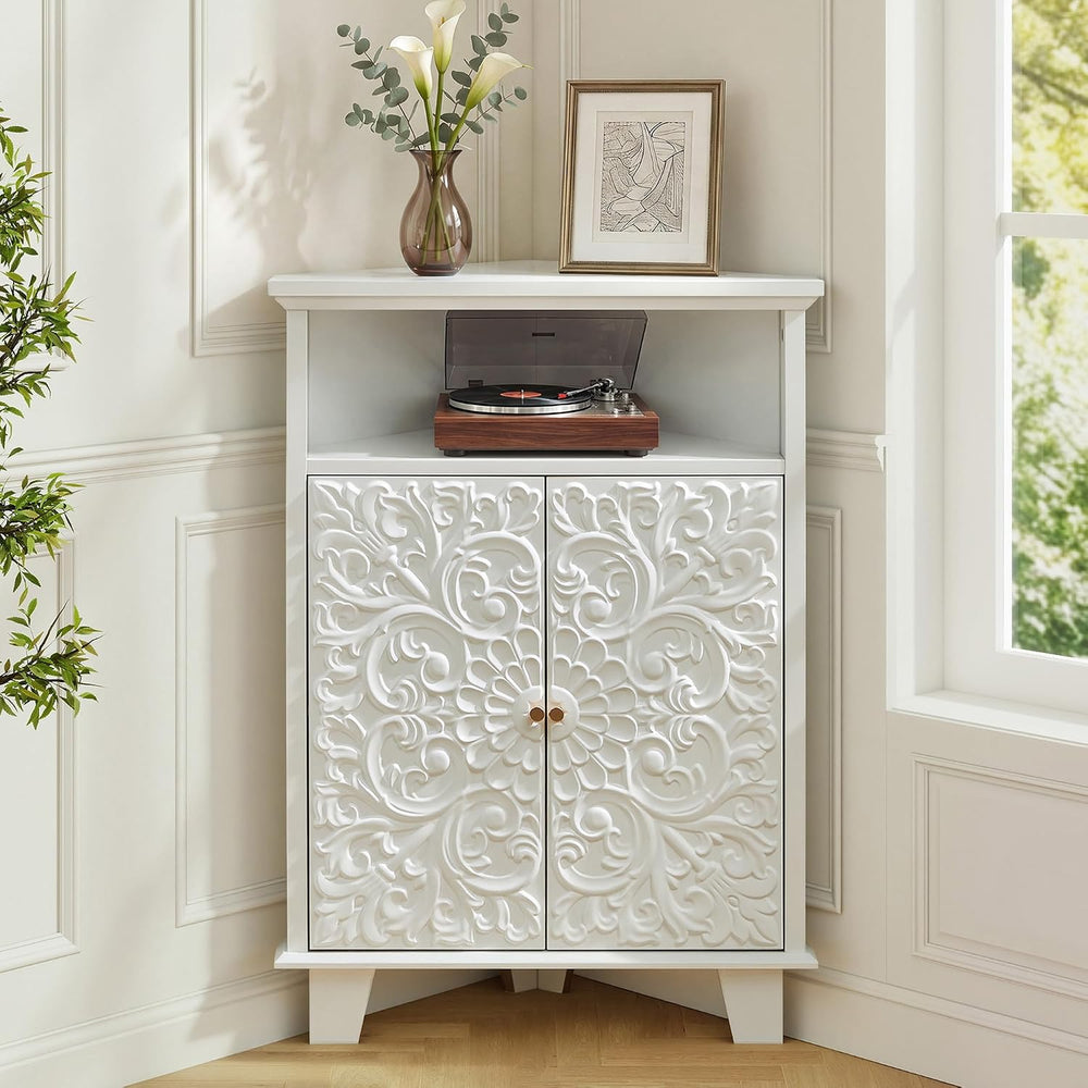 Corner Storage Cabinet, 31.5" Floral Accent Cabinet for Small Spaces, White