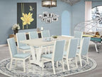 East West Furniture V027LA015-9 9 Piece Dining Set Includes a Rectangle Dining Room Table with V-Legs and 8 Baby Blue Linen Fabric Upholstered Parson Chairs, 40x72 Inch, Multi-Color