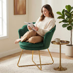 Furnimart Vanity Chair with Back, Shell Accent Chair for Living Room, Criss Cross Chair with Gold Legs, Makeup Chair for Bedroom Desk Chair no Wheels, Velvet Green