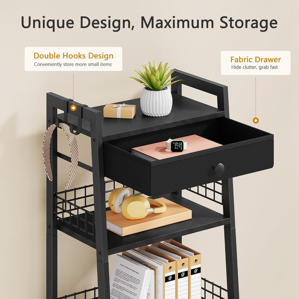 Gewudraw Bathroom Ladder Shelf with Drawer, 4-Tier Bathroom Storage, Black | Bathroom Table Stand for Small Spaces, Bathroom Storage for Living Room, Bedroom, Kitchen, Bathroom Organizer Standing Shelf