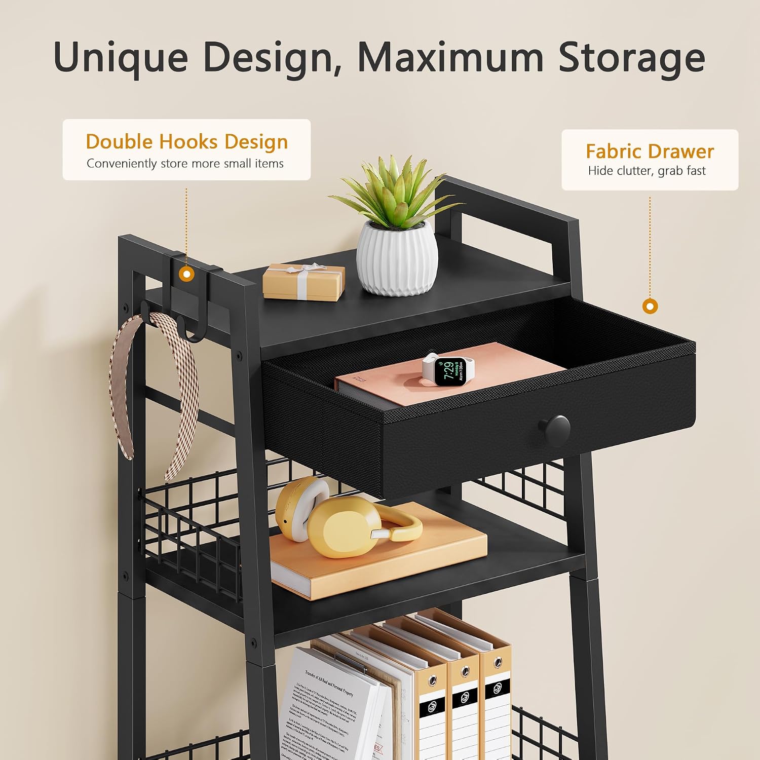Gewudraw Bathroom Ladder Shelf with Drawer, 4-Tier Bathroom Storage, Black | Bathroom Table Stand for Small Spaces, Bathroom Storage for Living Room, Bedroom, Kitchen, Bathroom Organizer Standing Shelf