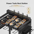 Power Tool Organizer Rolling Cart with 8 Charger Outlets, Heavy Duty Mobile Tool Storage Cart, 5 Tier Garage Organizer with Drill Holder, All-in-One Workshop Utility Cart on Wheels