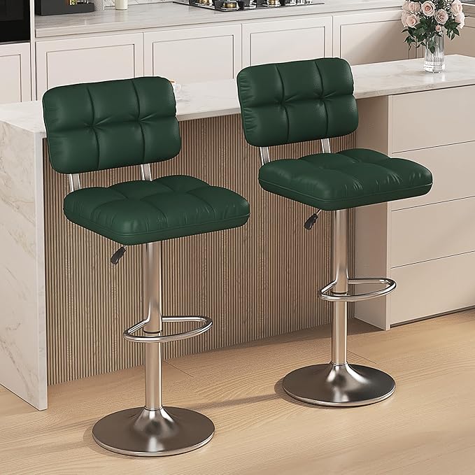 Bar Stools Set of 4 Upholstered Adjustable Counter Height Swivel Bar Stools Island Chairs with Back for Bar Kitchen Dining Room, Green