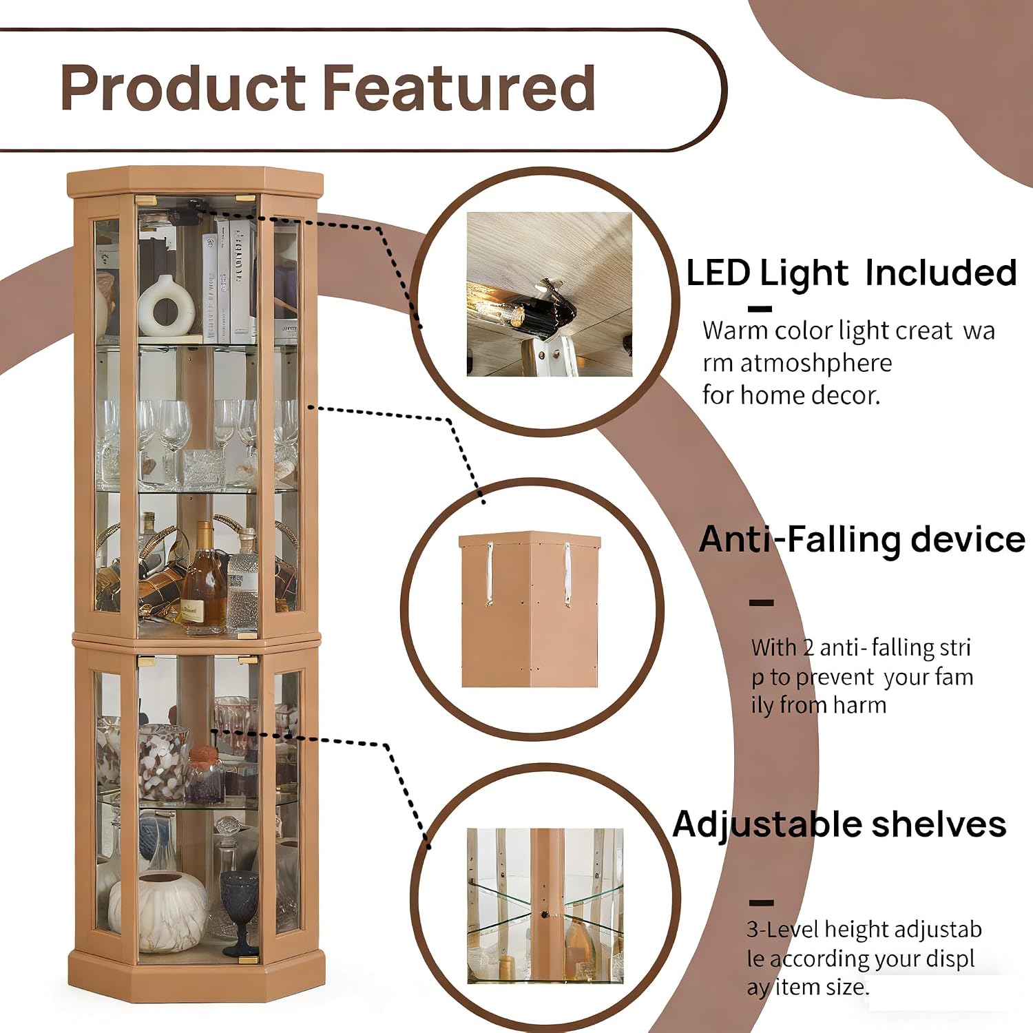 70" Lighted Corner Curio Cabinet,Inside Mirror Corner Glass Display Case with Tempered Glass Door for Living Room, Antique Collectibles, Wine & Bar Glass Storage, Lights Included