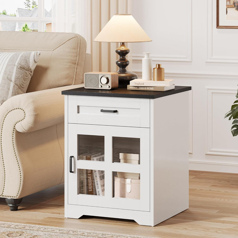 Farmhouse End Table, 18" Side Table with Drawer and Barn Door Storage, W...