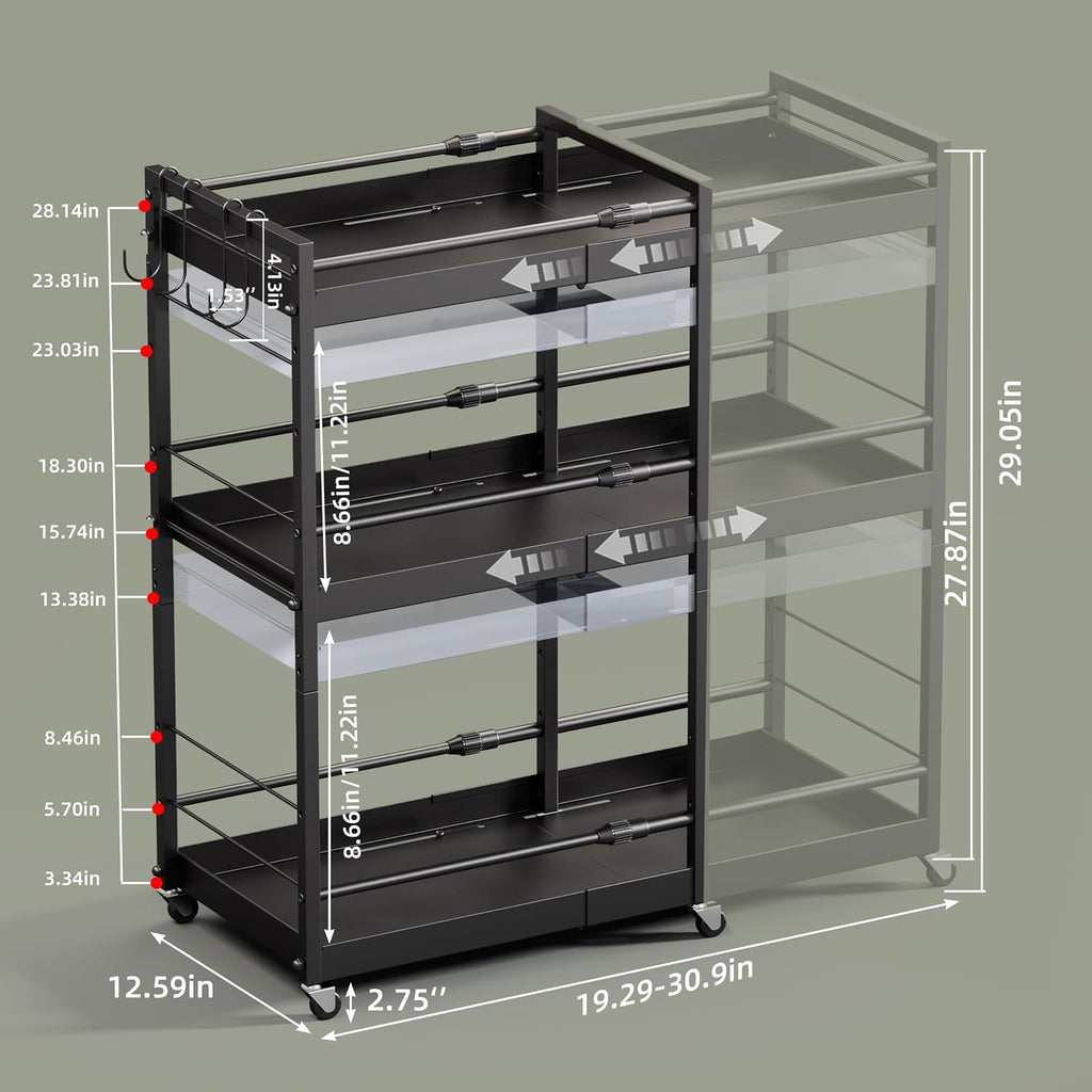 3 Tier Expandable Rolling Cart with wheels, pantry organizers and storage | kitchen Storage Cart for cans,food,snack and appliances，Adjustable shelf board height，Black,12.59"D×19.29-30.9"W×29.05"H