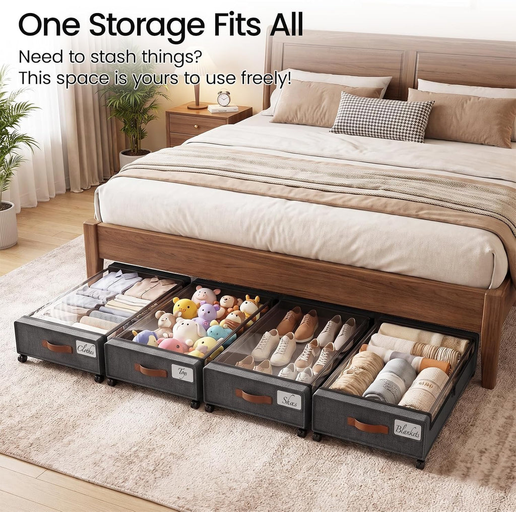 Yecaye 60 L Under Bed Storage with Wheels, 2 Pack Under Bed Storage Containers with Clear Window & Label, Rolling Under bed Shoe Storage organizer for Clothes, Shoes, Hemp Grey