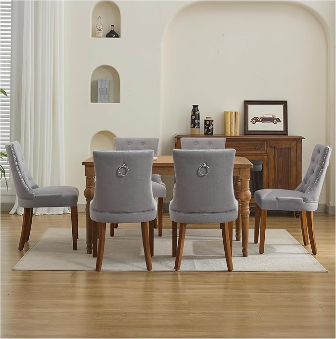 Upholstered Tufted Dining Chairs Set of 6, Fabric Side Dining Room Chairs with Nailhead Back Ring Pull Trim Solid Wood Legs, Grey
