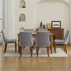 Upholstered Tufted Dining Chairs Set of 6, Fabric Side Dining Room Chairs with Nailhead Back Ring Pull Trim Solid Wood Legs, Grey