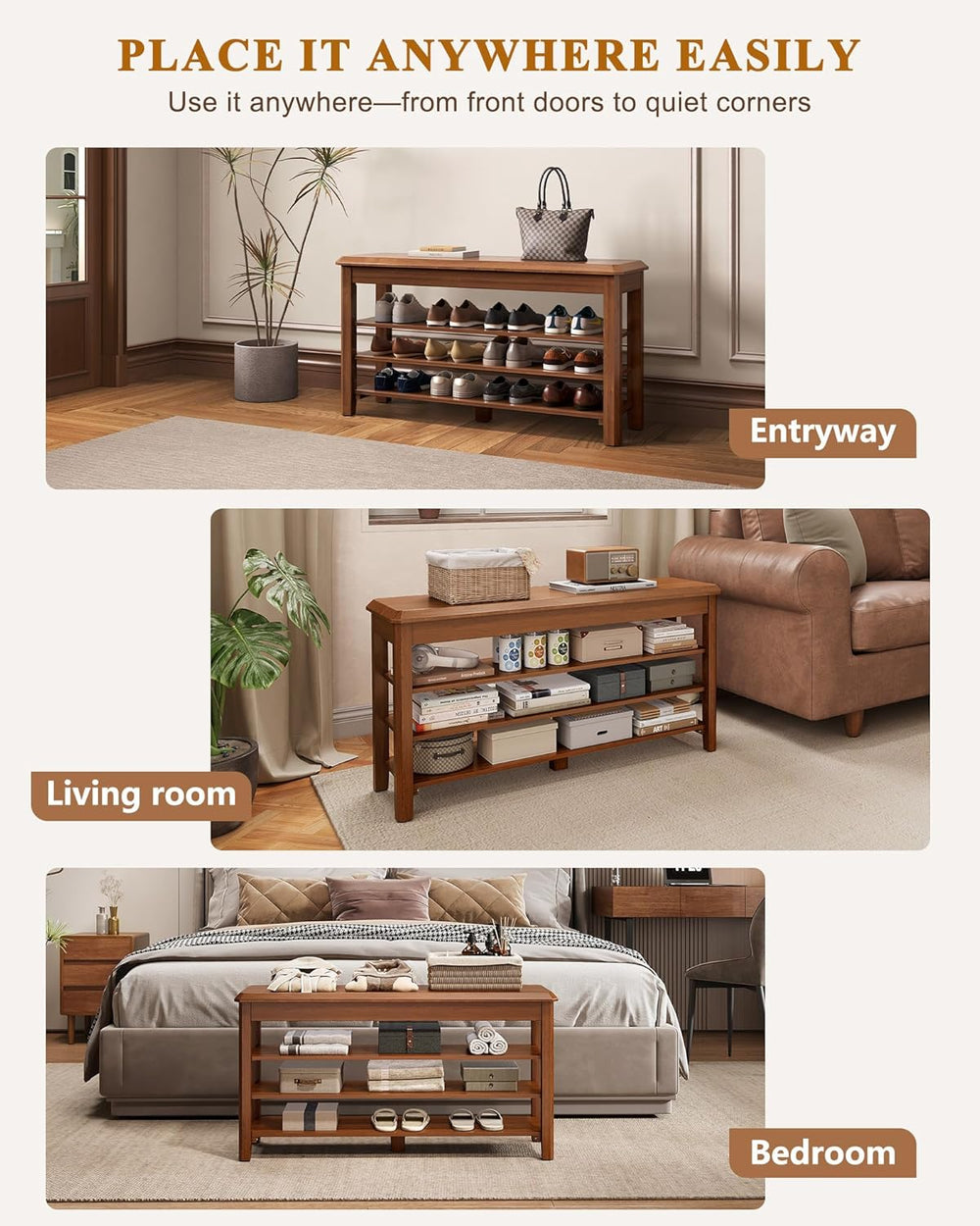 IUNVR Shoe Rack Bench Seat Rubberwood 3-Tier Wooden Storage Bench 550lbs Comp...