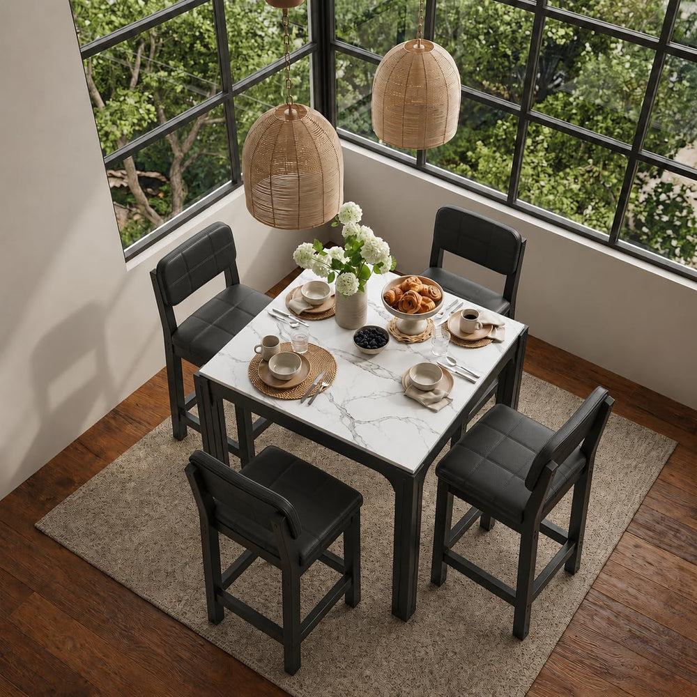 5-Piece Counter Height Dining Table Set for 4, Marble-Look, Black