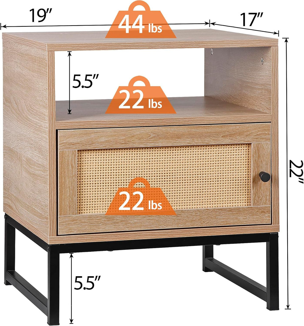 Nightstands End Table, PE Rattan Decor Drawer Opening Shelf, Set of 2 Bed Sid...