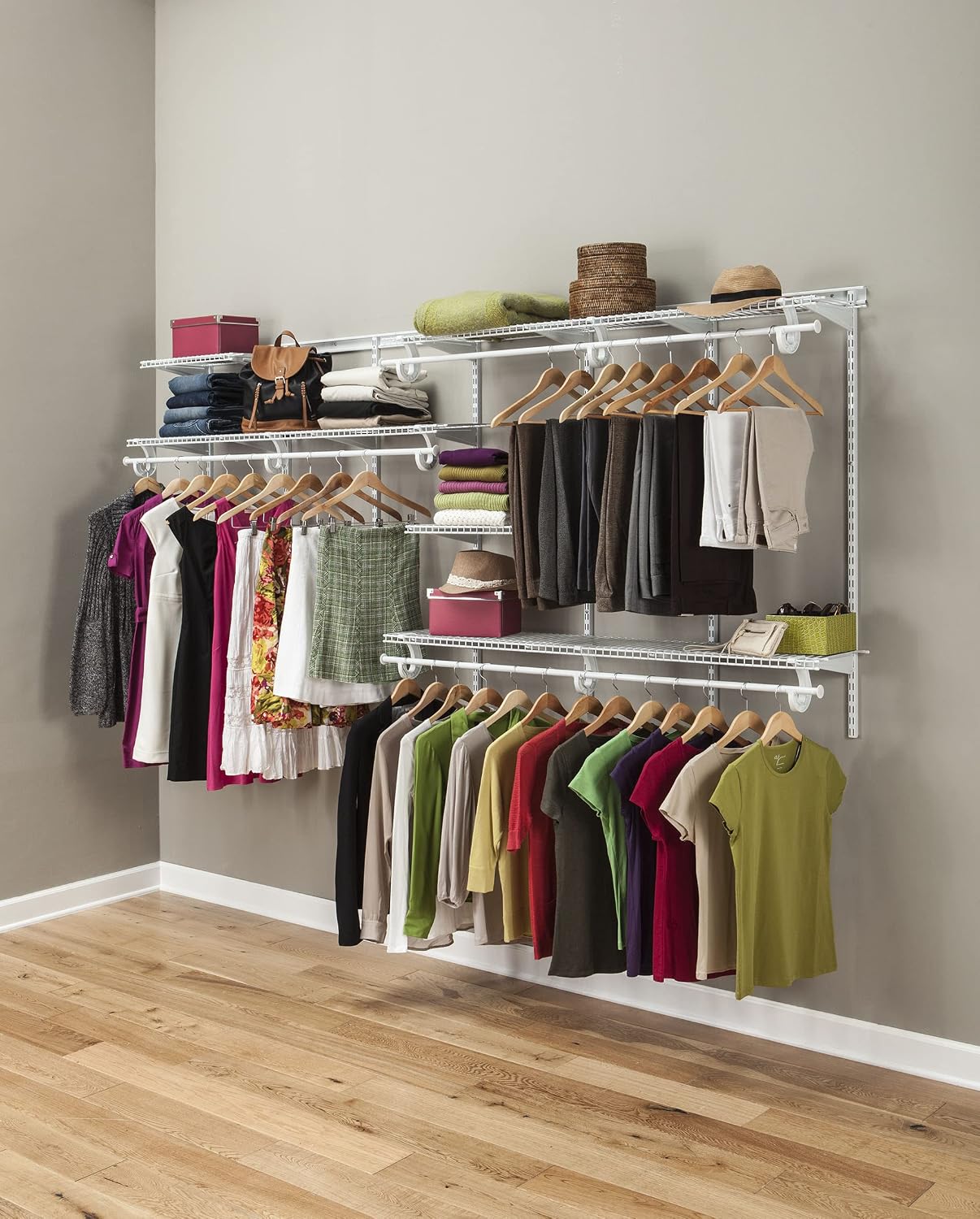 ClosetMaid ShelfTrack Wire Closet Organizer System, Adjustable from 7 to 10 Ft., With Shelves, Clothes Rods, Hardware, Durable Steel, White
