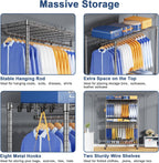 P8 Heavy Duty Clothes Rack（With Extended Width Design） Rolling Clothing Racks for Hanging Clothes，Portable Garment Rack with Lockable Wheels，51.2" W x 15.8" D x 80.5" H，Max Load 700LBS，Grey