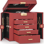 TORIBIO Jewelry Box for Women, Leather Jewelry Organizer with Mirror & Lock, 5-Tier Jewelry Storage Organizer with 4 Drawers for Girls/Women/Mothers, Necklace Earring Bracelets Holder Organizer
