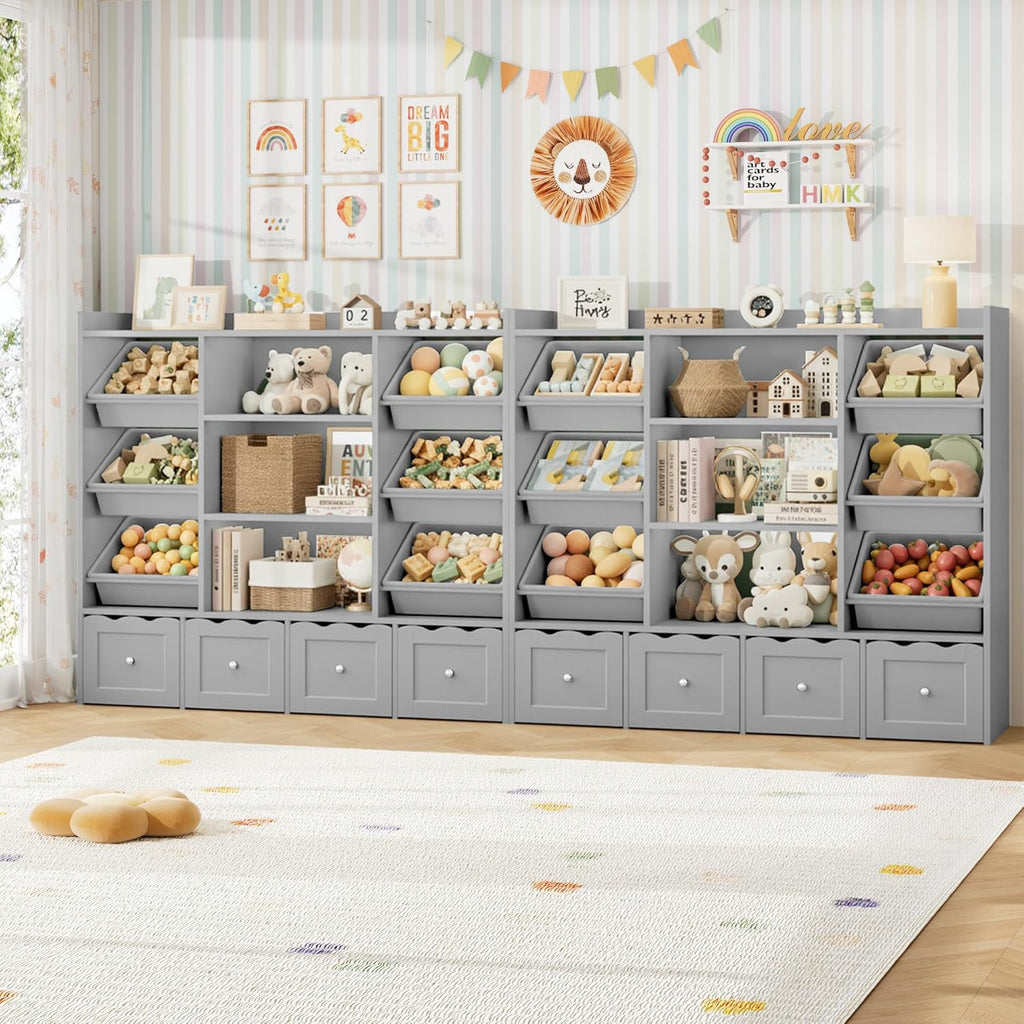 HITHOS 55" W Kids Toy Storage Organizer, Large Toy Box with Bookshelf, Toy Chest with 3 Cubes Storage Organizer, 6 Toy Organizers and Storage Bins, 4 Rolling Drawers for Kids Room, Playroom, Gray