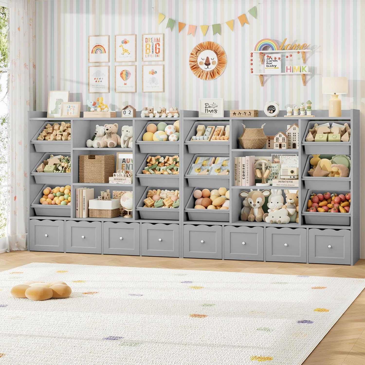 HITHOS 55" W Kids Toy Storage Organizer, Large Toy Box with Bookshelf, Toy Chest with 3 Cubes Storage Organizer, 6 Toy Organizers and Storage Bins, 4 Rolling Drawers for Kids Room, Playroom, Gray