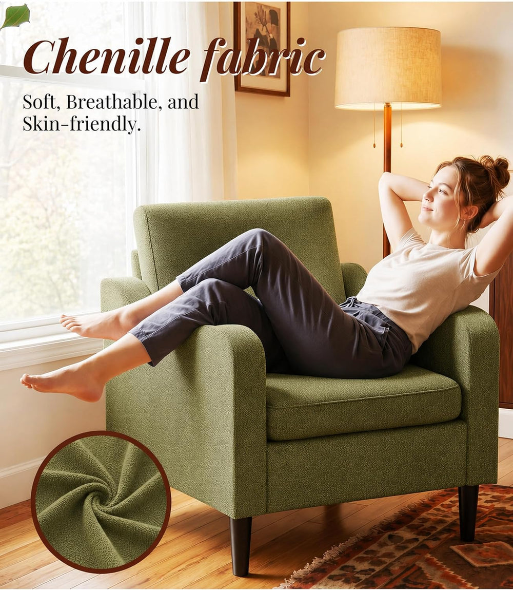 LEVELEVE Accent Arm Chair – Olive Green, Upholstered Scooped Comfy Reading Ch...