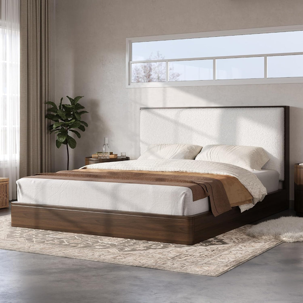 Merax Queen Platform Bed Frame with Bouclé Upholstered Headboard, Solid Wood ...
