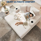 GarveeHome Oversized Chaise Lounge Chair Indoor, Comfy Corduroy Lounge Sofa with Charging Station, Cup Holders & Throw Pillows, Cozy Sleeper Couch for Living Room Apartments, Beige