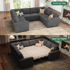 HONBAY Modular Sectional Pull Out Couch Bed, Corduroy Sleeper Sofa with Storage Seats, Oversized U Shaped Sectional Couches for Living Room, Dark Grey