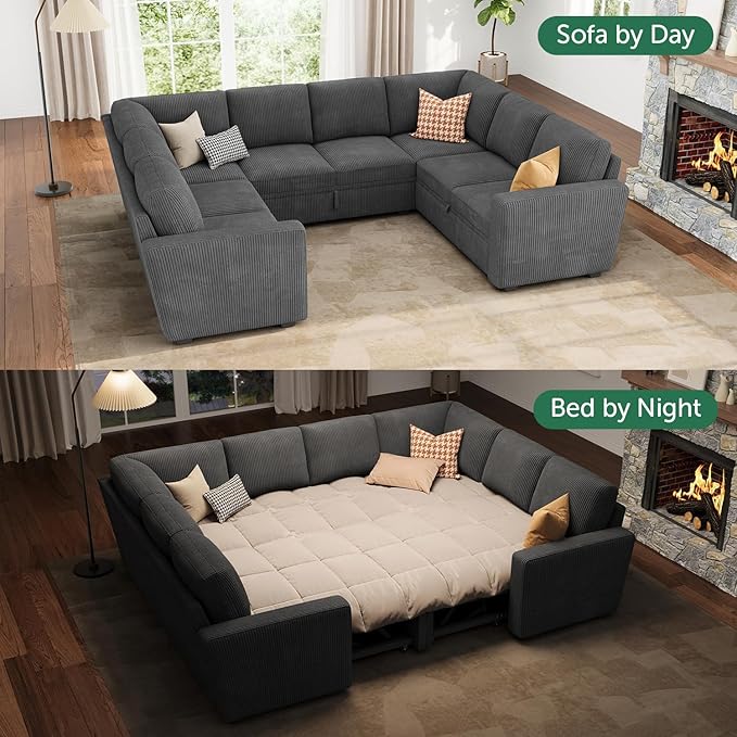 HONBAY Modular Sectional Pull Out Couch Bed, Corduroy Sleeper Sofa with Storage Seats, Oversized U Shaped Sectional Couches for Living Room, Dark Grey