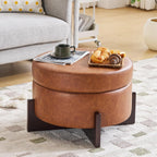 26Inch Round Storage Ottoman, Modern Faux Leather Ottoman Coffee Table with Removable Top, Upholstered Ottoman with Storage, Footrest Stool for Living Room, Bedroom (Light Brown)