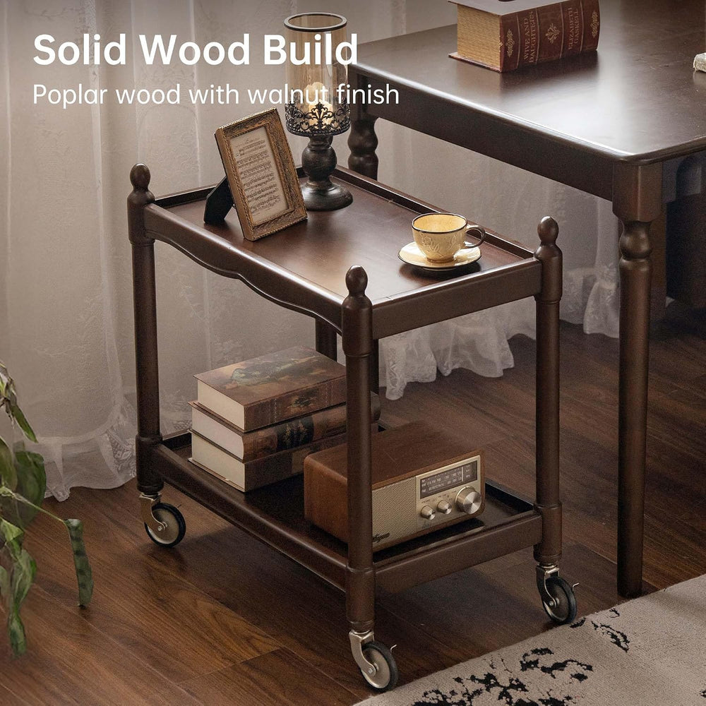 YESWOOD Vintage Walnut Side Table with Lockable Wheels, 2‑Tier Rolling End Ta...