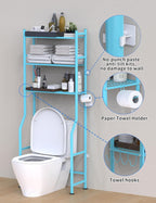 3-Tier Over The Toilet Storage, Freestanding Metal Bathroom Shelves with 4 Hooks, Over Toilet Storage Shelf with Paper Holder, Above The Toilet Shelf for Bathroom Storage, Blue