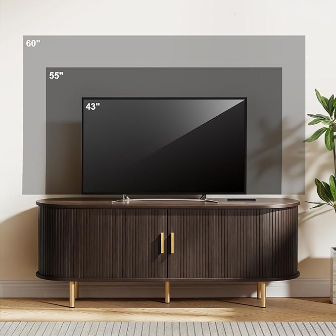 DHH 55 Inch Mid Century Modern TV Stand with Power Outlet for TVs up to 60 Inch, Entertainment Center with Storage and Adjustable Shelves, Media Console with Sliding Doors for Living Room(Brown)