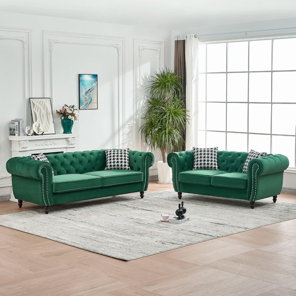 Chesterfield Velvet Combination Sofa, Mid Century 3-Seater and Loveseat Sofa ...