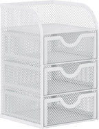 EasyPAG Mesh Desk Organizer with 3 Drawer Office Desktop Organizers and Accessories Stationery Caddy for Office, Home, Students, White