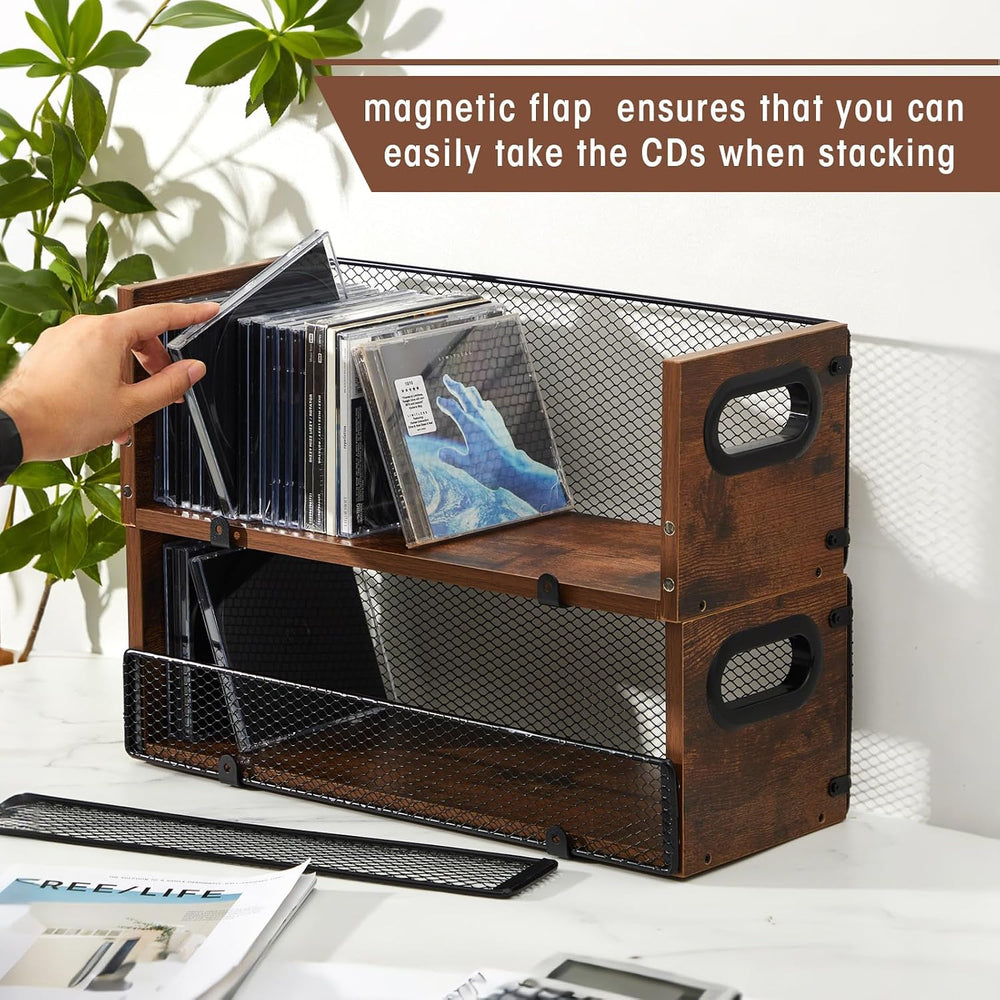 Geelin 2 Pcs Wooden Cd Storage Box Holder Racks Retro Cassette Tape Display S...