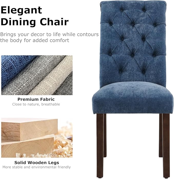 COLAMY Button Tufted Dining Chairs Set of 4, Parsons Upholstered Fabric Dining Room Chairs Kitchen Chairs with Wood Legs and Padded Seat, Blue
