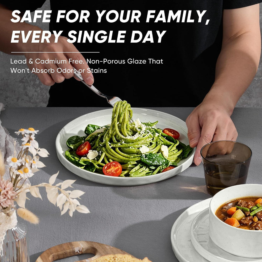 E-far Stoneware Dinnerware Set, 12-Piece White Plates and Bowls Sets for 4
