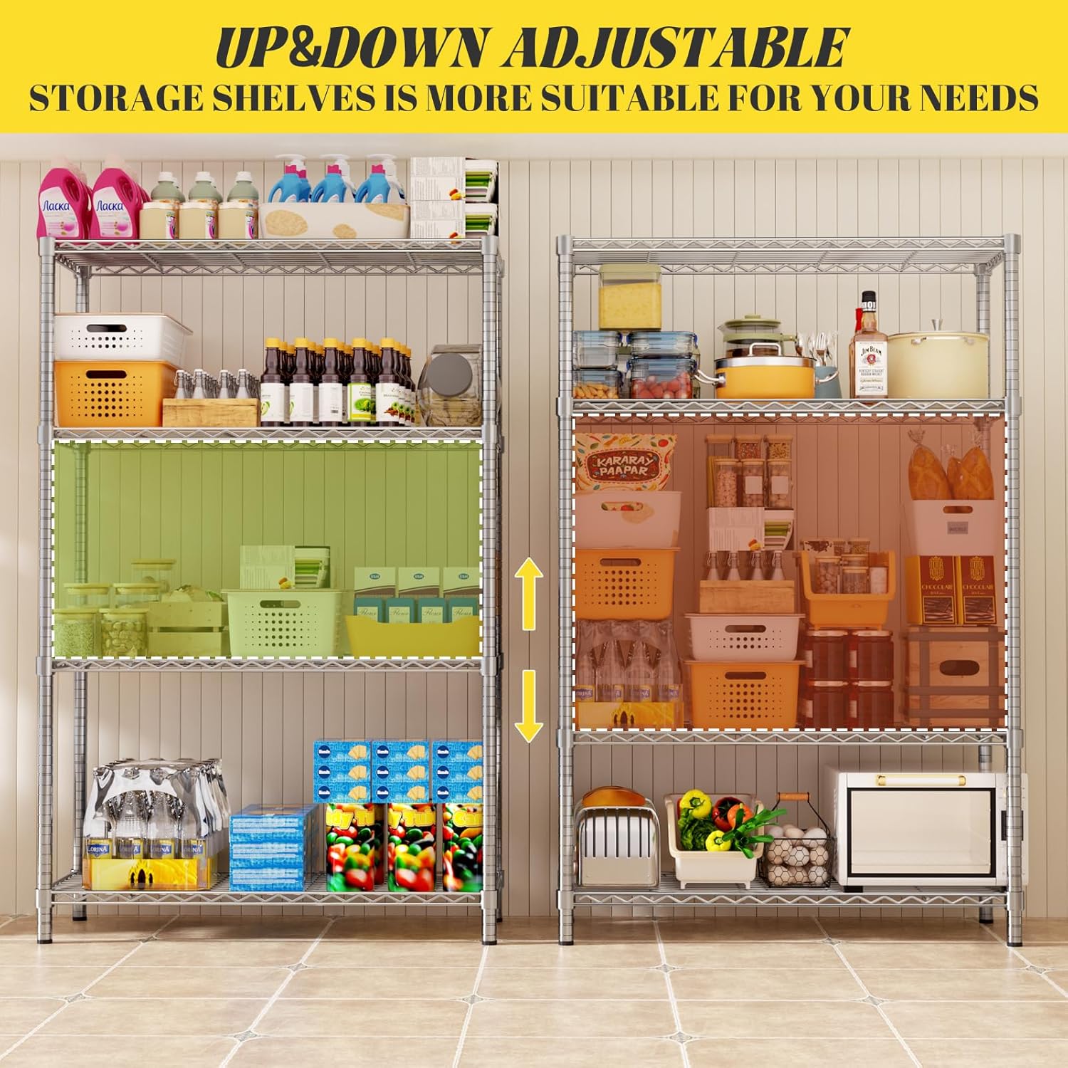 Storage Shelves Heavy Duty, 36" L x 14" W x 54" H Garage Wire Shelving Unit Loads 1400LBS, 4-Tier Adjustable Metal Industrial Utility Shelf Rack for Kitchen, Laundry Room, Pantry, Warehouse, Basement