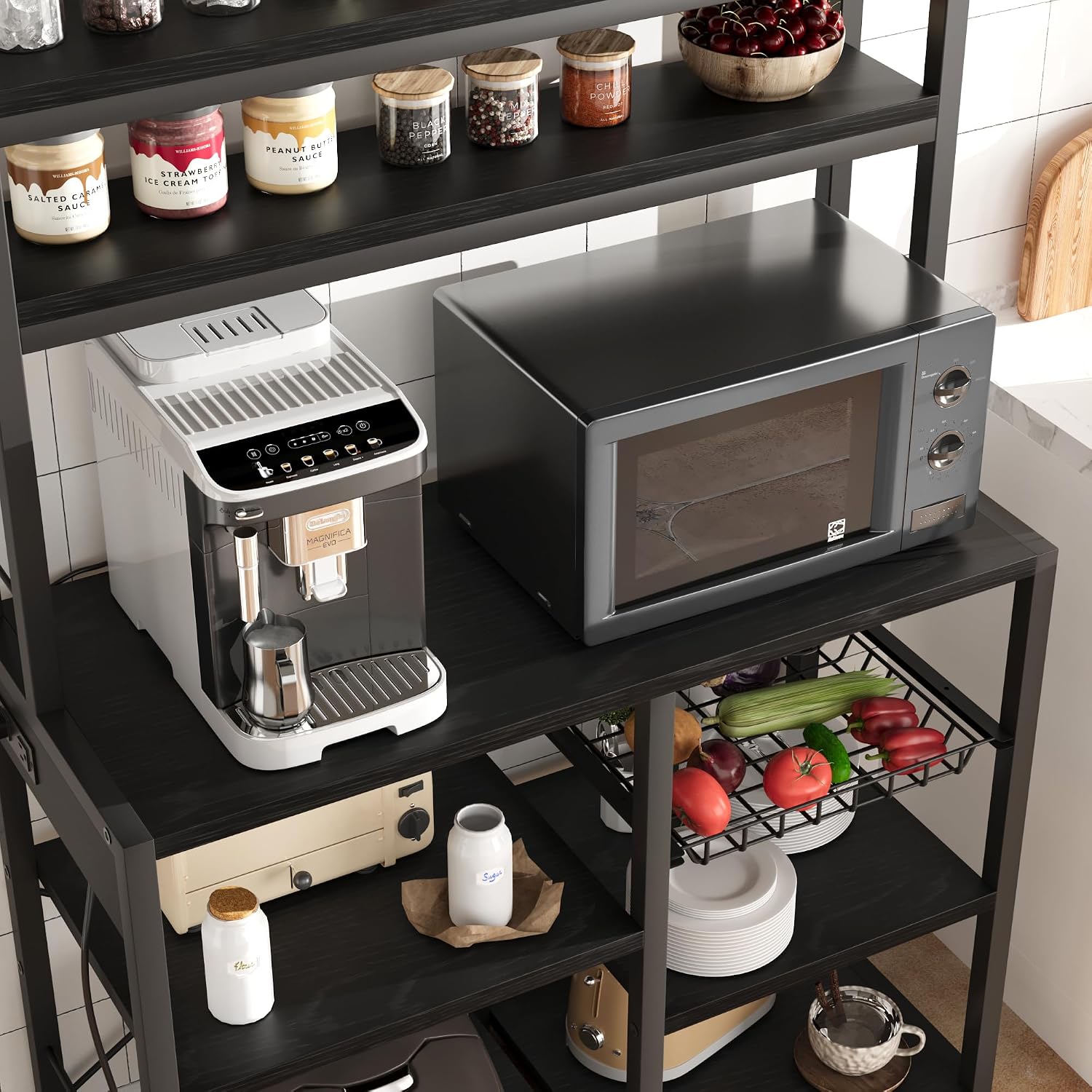 IDEALHOUSE Bakers Rack with Power Outlet, Coffee Bar with Wire Drawer, Industrial Microwave Stand, Kitchen Buffet Table with Large Storage, 6-Tier Kitchen Storage Rack with Hutch, Rustic Black