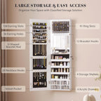 Vlsrka 47.2" LED Jewelry Mirror Cabinet, Wall/Door Mounted Jewelry Armoire Organizer with Full Length Mirror, Large Storage Hanging Cabinet, 4 Drawers, 5 Shelves, Built-in Lighted Mirror (White)
