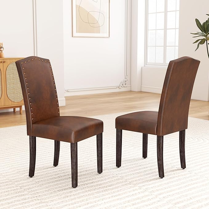 LSSBOUGHT PU Dining Chair Upholstered Parsons Kitchen Chair with Copper Nails and Solid Wood Legs for Dining Room,Restaurant (Dark Brown, 4PCS)