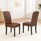 LSSBOUGHT PU Dining Chair Upholstered Parsons Kitchen Chair with Copper Nails and Solid Wood Legs for Dining Room,Restaurant (Dark Brown, 4PCS)