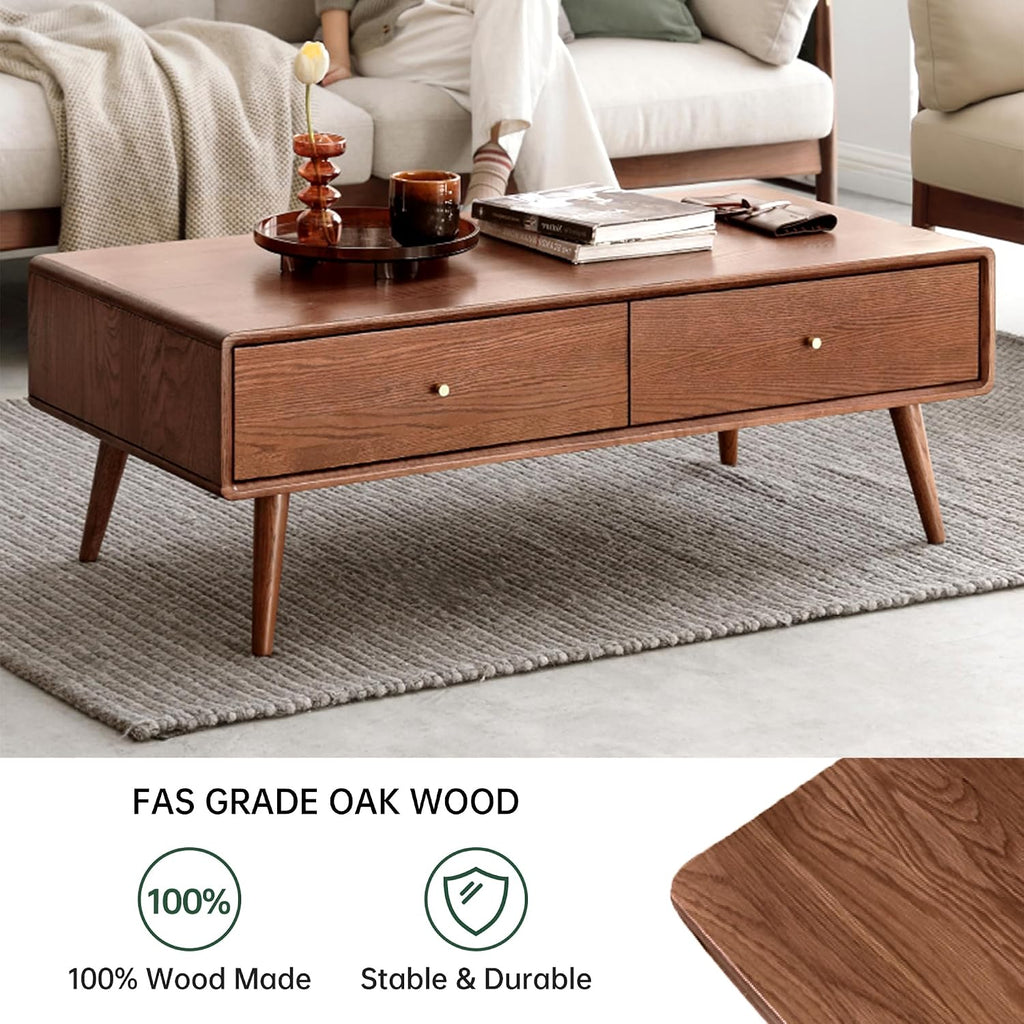 47.24" Solid Wood Coffee Table with Large Storage for Living Room, Oak Coffee Table with 4 Drawers, Mid-Century Modern Coffee Tables for Home (Walnut Color)