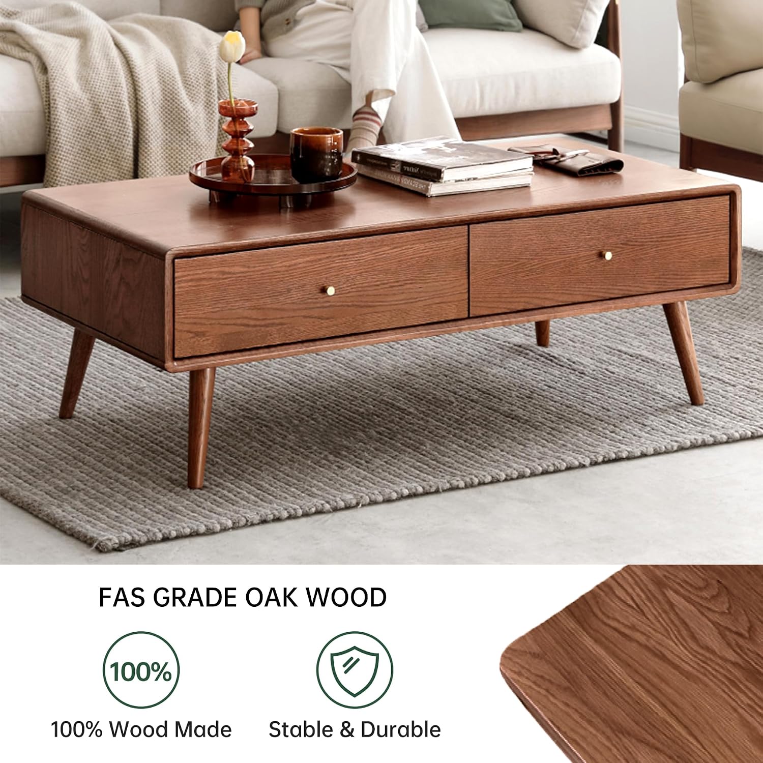 47.24" Solid Wood Coffee Table with Large Storage for Living Room, Oak Coffee Table with 4 Drawers, Mid-Century Modern Coffee Tables for Home (Walnut Color)
